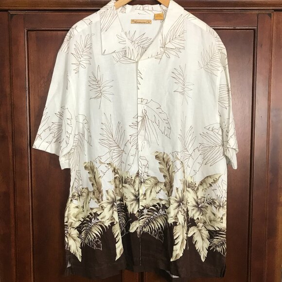 The Havanera Co White Brown Button Front Leaf Print Linen Shirt Men Size XXL - Picture 1 of 11